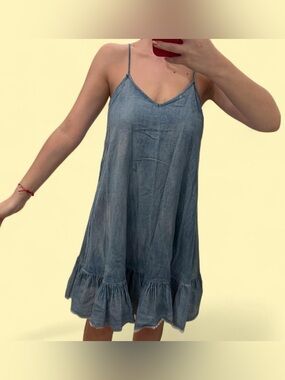 Blank NYC Light Blue Denim Ruffle-Hem Spaghetti Strap Mini Dress